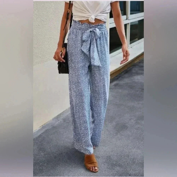 Coastal Chic Print Wide Leg Drawstring Pants Ocean Blue Womens size L - Picture 2 of 6